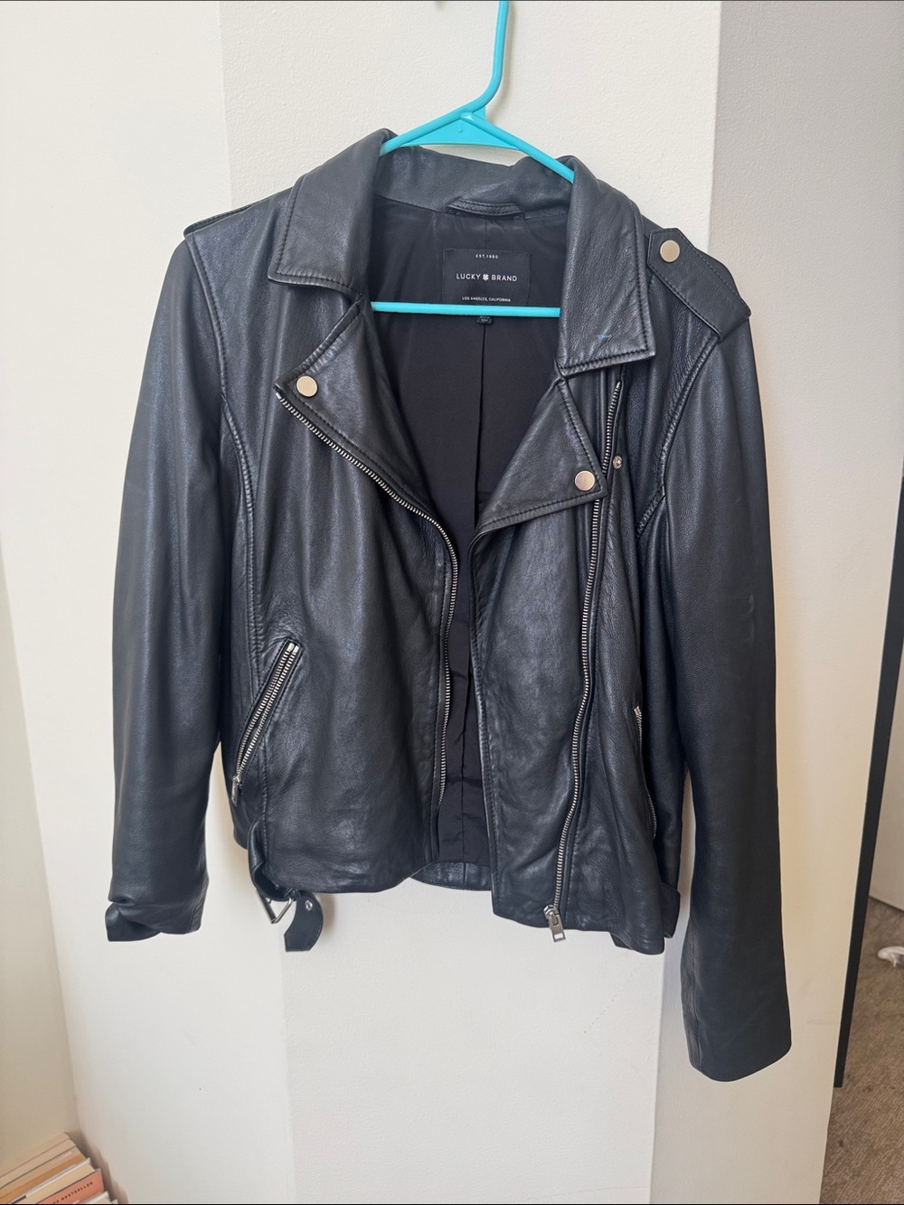 Lucky Brand Black Leather Moto Jacket with Zip Details